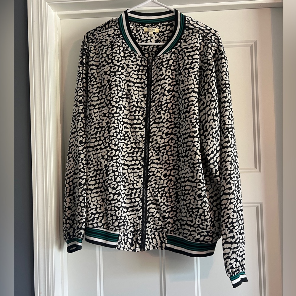 Kori Black and White Patterned Bomber Jacket with Green Trim